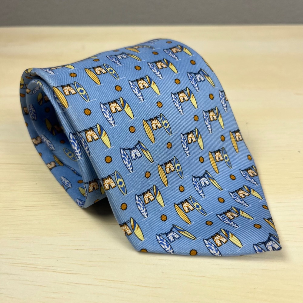 Brooks Brothers 346 Mens Silk Tie Blue Surfboard Hawaiian Beach Novelty Print